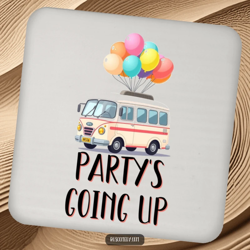 Funny Kawaii Bus Balloon Drink Coasters featuring a cute bus character balancing colorful balloons, protecting surfaces with style.
