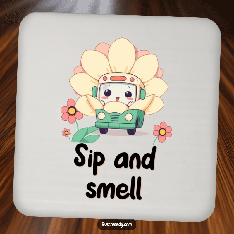 Funny Kawaii Bus Flower Drink Coasters featuring a cute bus character curiously peeking from behind a giant flower, protecting surfaces.