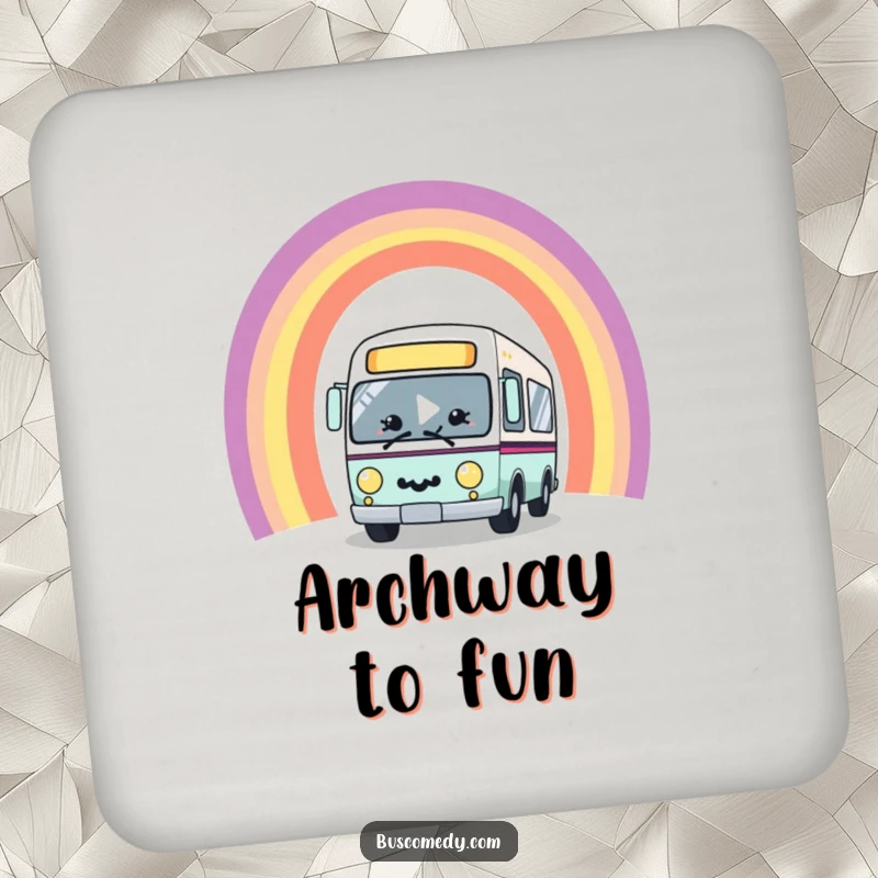 Funny kawaii bus character with a big smile, joyfully driving through a vibrant rainbow arch, featured on a protective drink coaster.