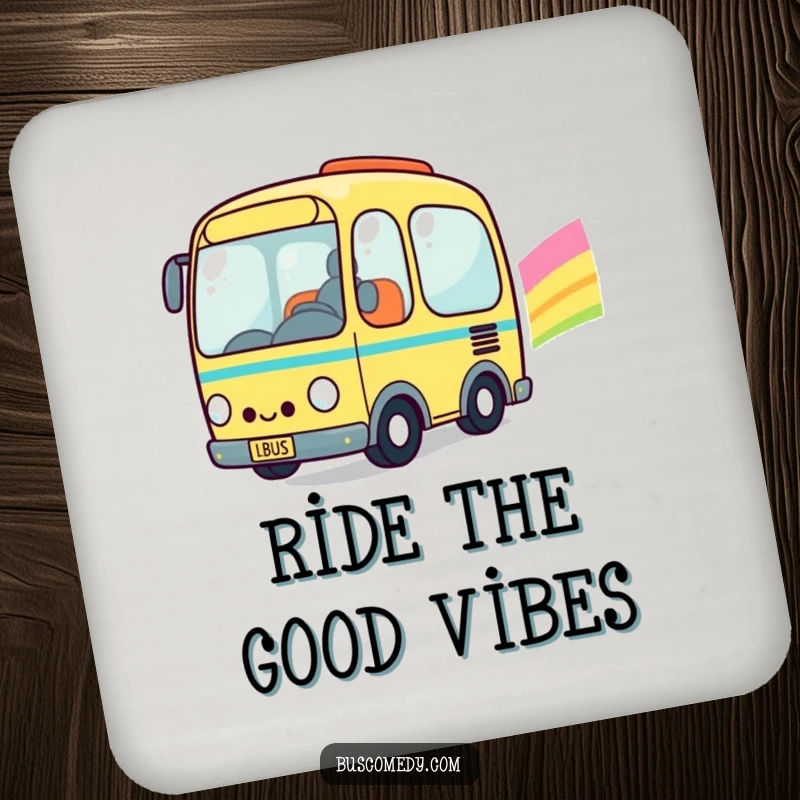 Funny Kawaii Bus Drink Coaster: A happy, smiling kawaii bus on a rainbow adds cheerful protection to any drink surface.