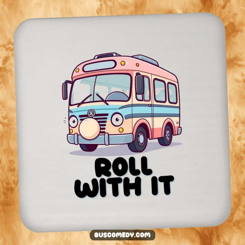 Funny Playful Bus Drink Coaster, a bus playing with a bouncing ball. A fun funny gift.