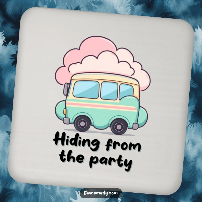 Funny drink coaster featuring a shy bus character peeking from behind a colorful cloud. This accessory adds subtle humor and protection.