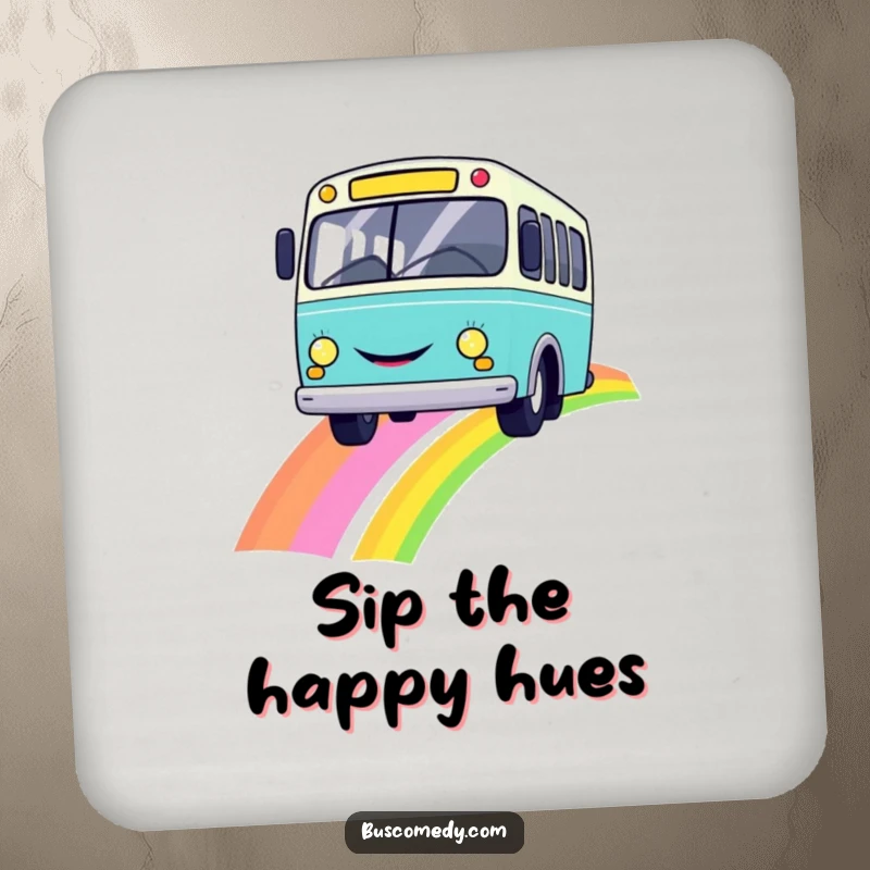 Funny drink coaster featuring a cheerful smiley bus driving over a vibrant rainbow, protecting surfaces with style.