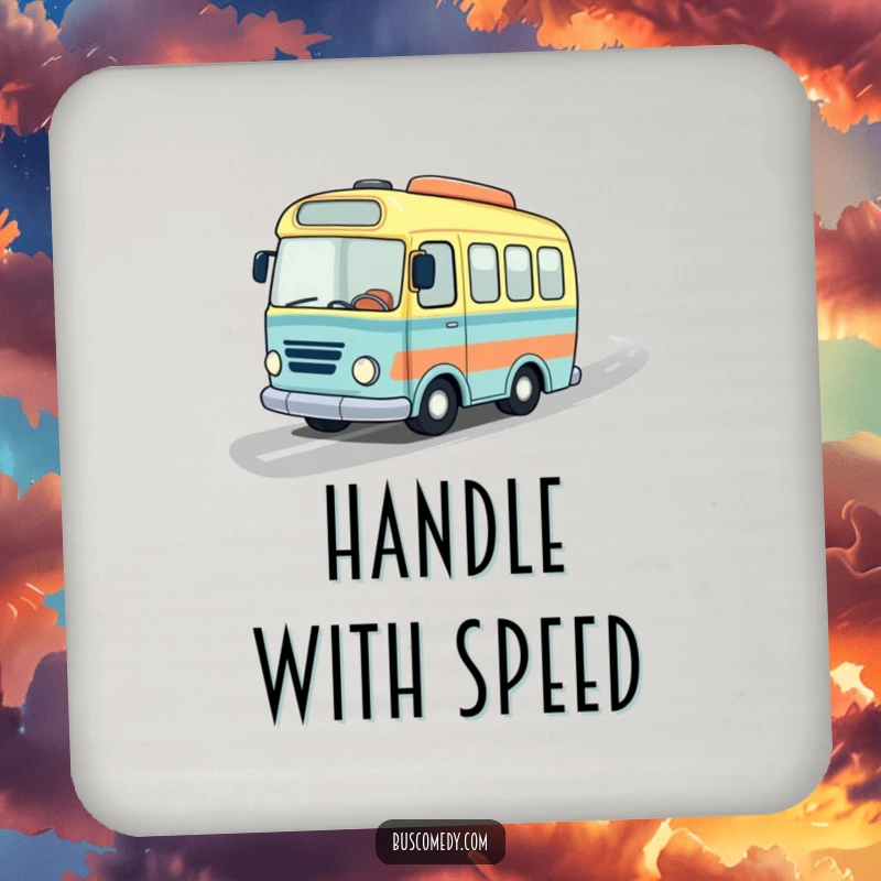 Funny drink coasters featuring a little bus character with a jaunty hat speeding on a wavy road, perfect for humorous table protection.