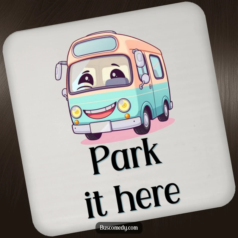 Funny drink coasters featuring a round bus character with a giant grin and a winking headlight, perfect for humorous table protection.