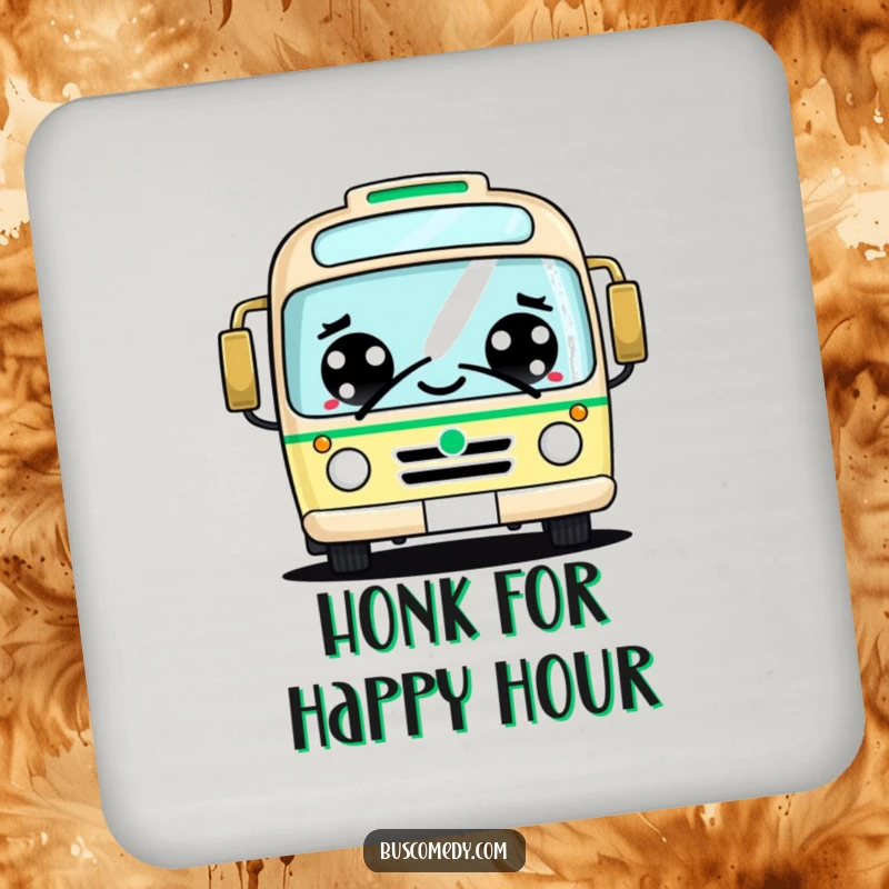 Funny kawaii bus coasters, big cheerful eyes, friendly honking, cute table protection, adding cheer to drinks.