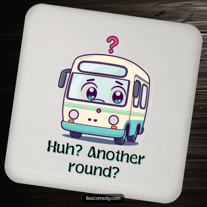 Funny Kawaii Bus Drink Coaster: A surprised kawaii bus character with wide eyes and a question mark, protecting surfaces with charm.