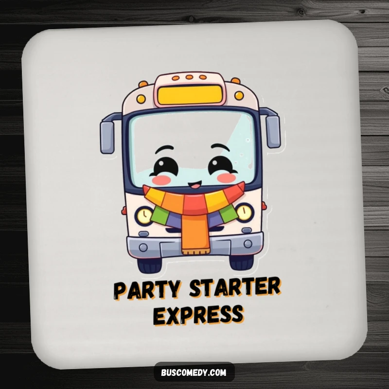 Funny Cheerful Bus Drink Coaster, a festive vehicle ready to protect surfaces. A fun funny gift.