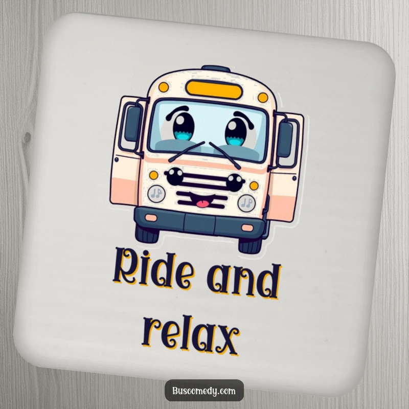 Funny cheerful bus character coaster, with large curious eyes, open doors inviting passengers, protecting surfaces with charm.