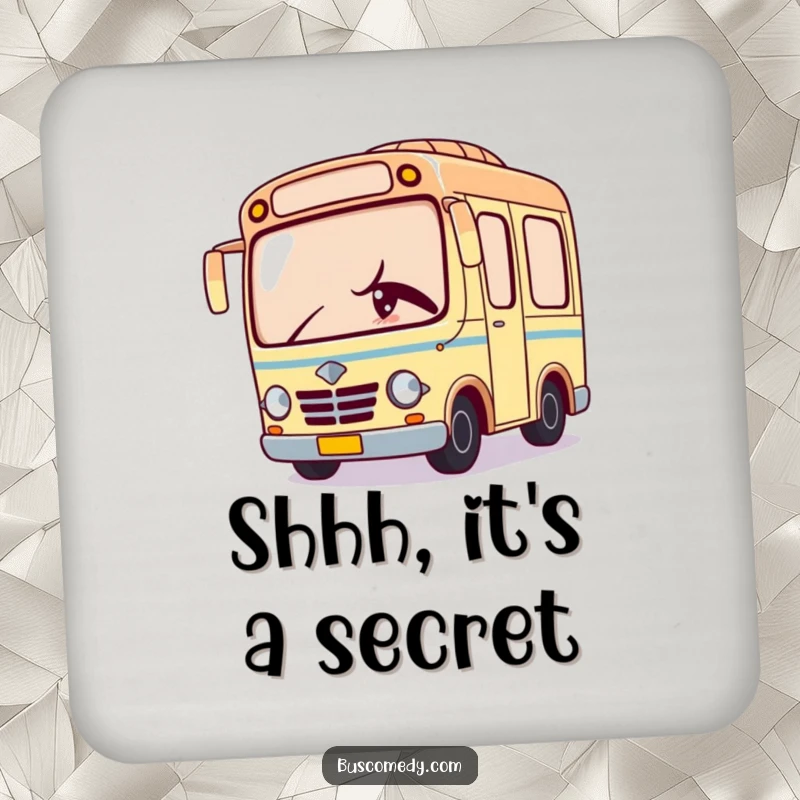 Funny drink coaster featuring a Kawaii bus character peeking with a mischievous wink, adding a fun touch.