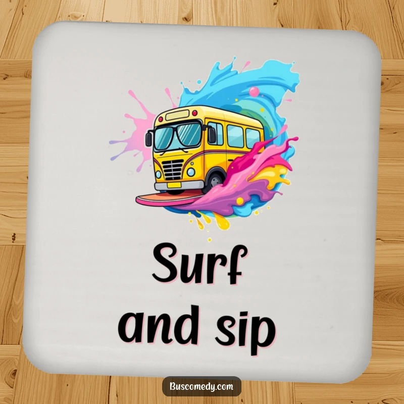 Funny bus character with tiny sunglasses surfs a wave of colorful paint on this protective drink coaster.
