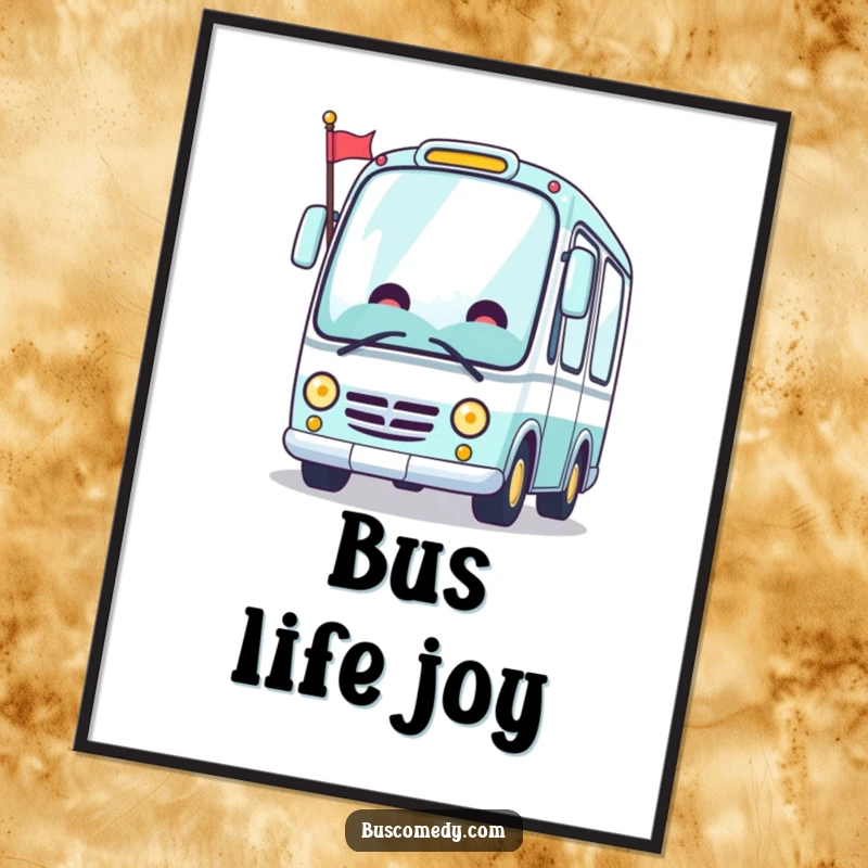 Funny Kawaii bus poster, a cheerful bus character with a grin, waving a tiny flag.