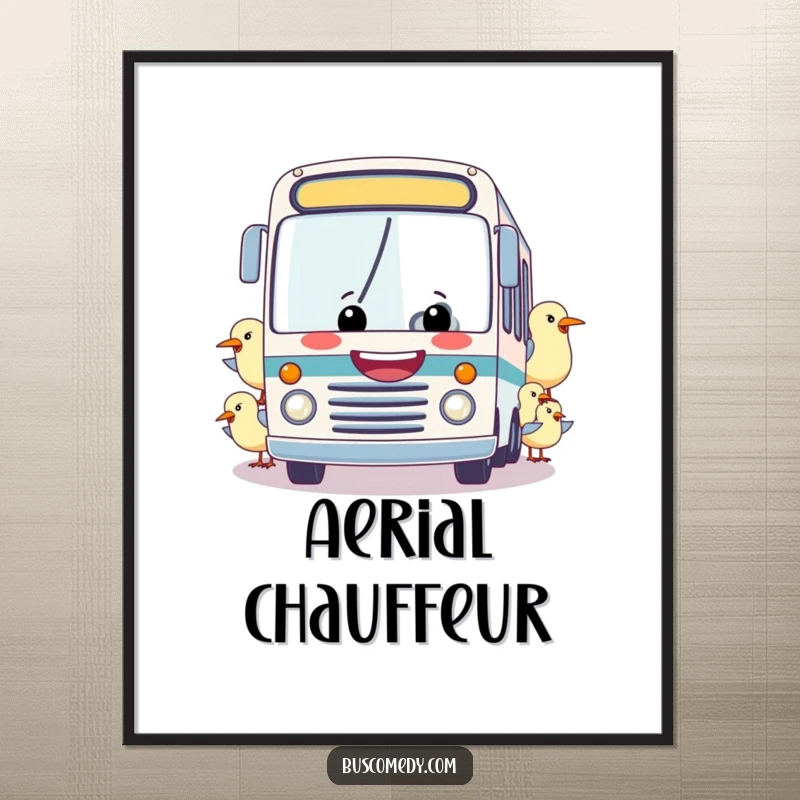 Funny poster: A cheerful bus with a wide grin is towed by a flock of friendly birds, creating a comical and whimsical wall art.
