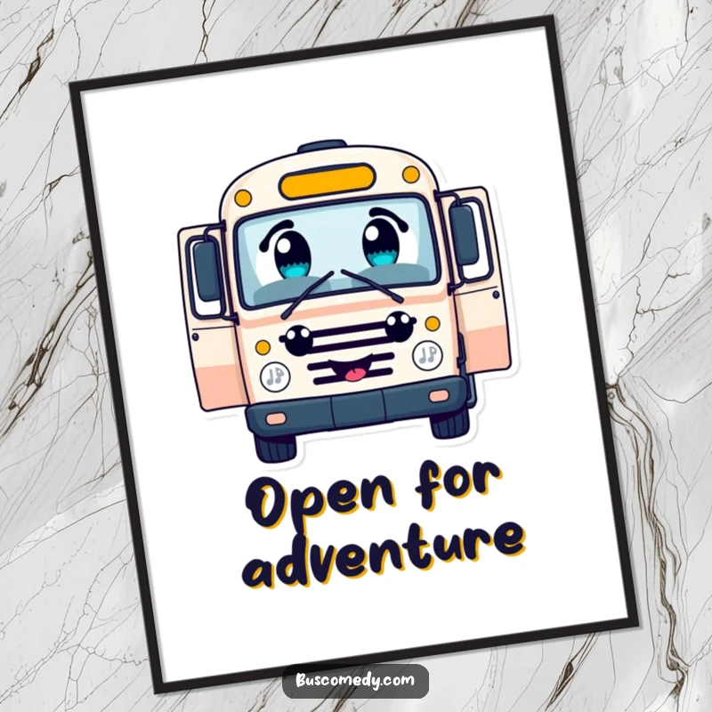 Funny cheerful bus character poster, with large curious eyes, open doors inviting passengers, whimsical wall art.