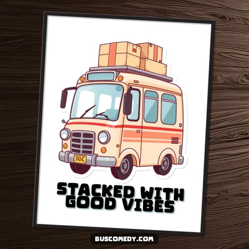 Funny poster illustration of a small bus character balancing a tall stack of packages on its roof, ready for delivery.