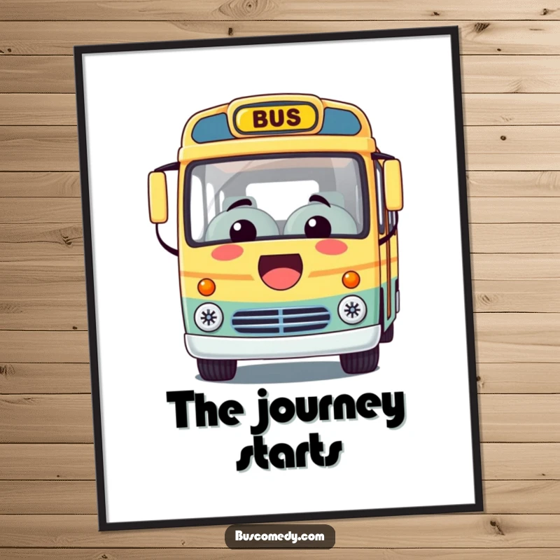 Funny poster featuring a charming Kawaii bus character with a massive smile, offering a welcoming and happy ride.