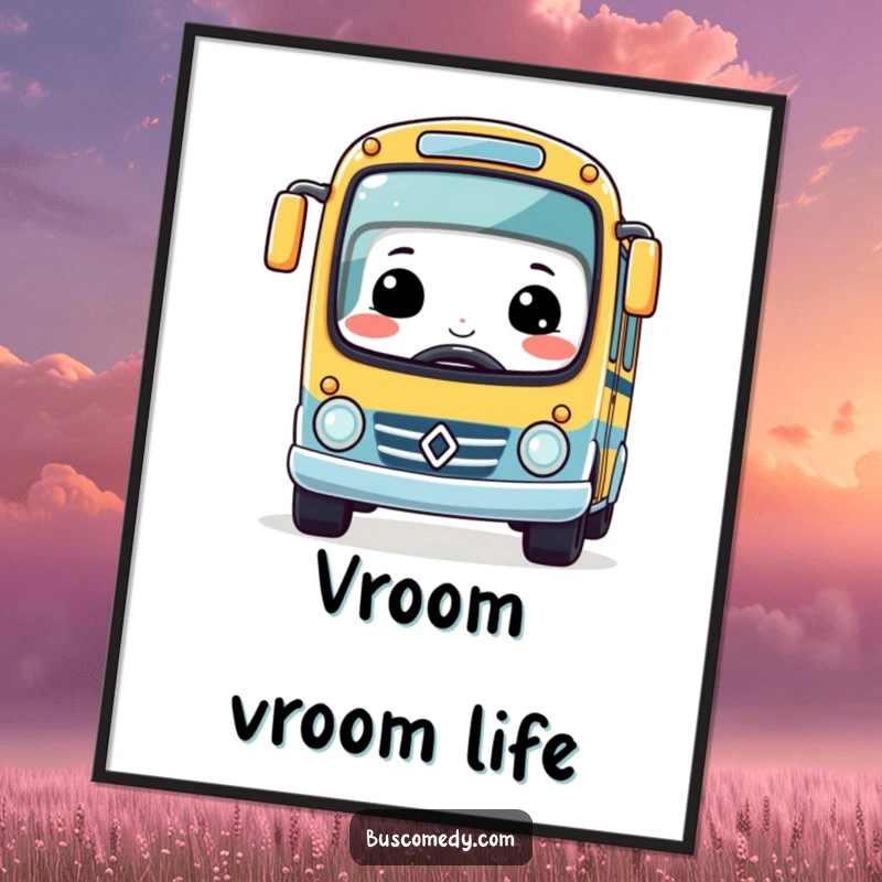Funny Kawaii Bus Poster with a large smile, driving a tiny race car, conveying playful speed and joy.