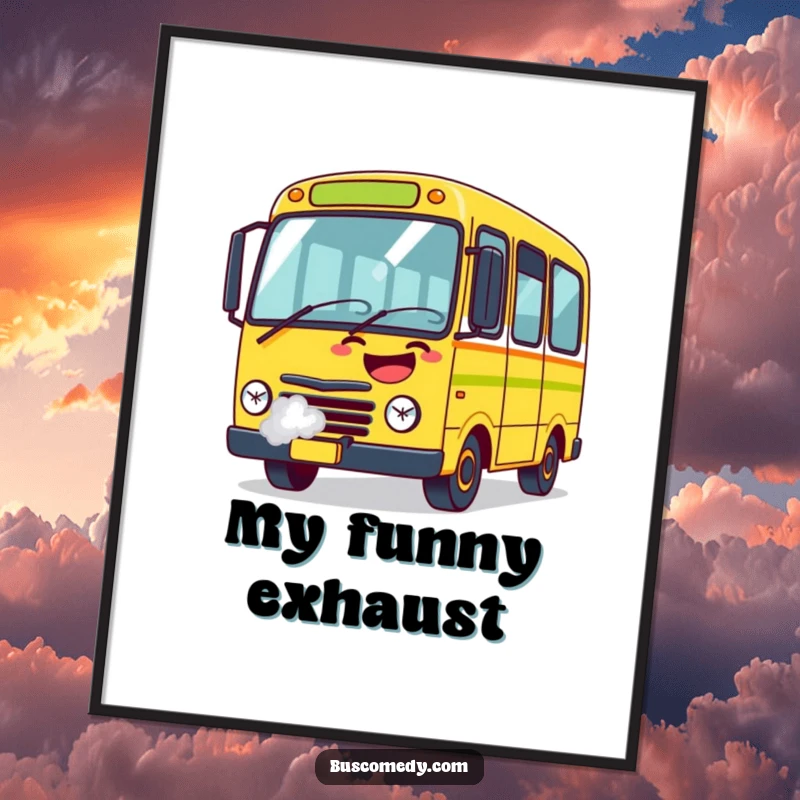 Funny Poster showcasing a bus character overcome with laughter, steam playfully puffing from its exhaust, a joyful illustration.