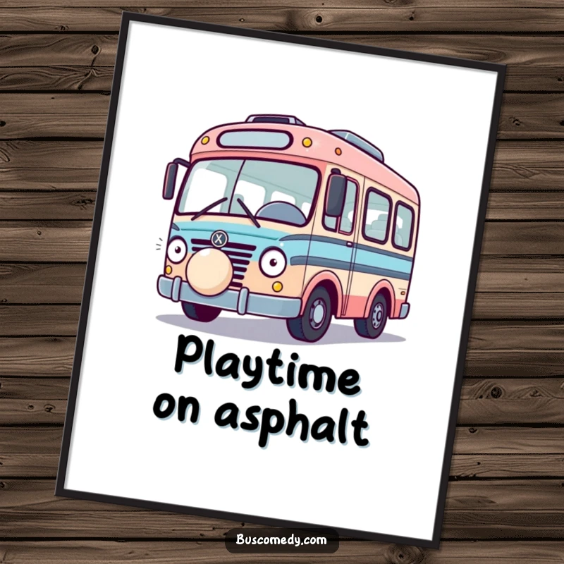 Funny Playful Bus Poster, a dynamic scene of a bus playing with a bouncing ball. A visually funny gift.