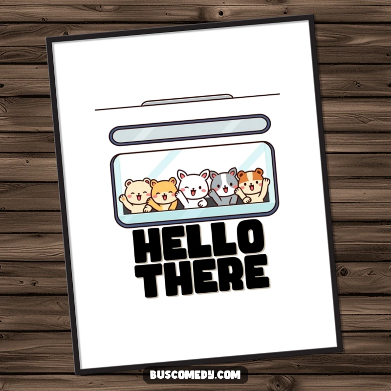 Funny poster art of smiling animal passengers waving from a bus window, creating a cheerful and heartwarming scene.