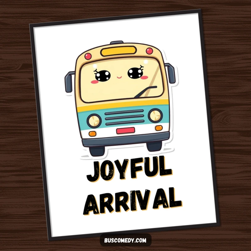 Funny poster of a cheerful bus with windows as smiling eyes and a welcoming wave, bringing friendly automotive art to life.