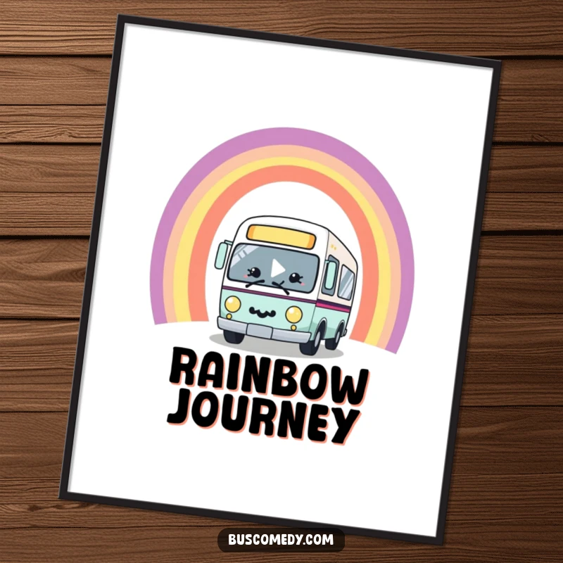 Funny kawaii bus character with a big smile, joyfully driving through a vibrant rainbow arch, presented as a colorful wall poster.