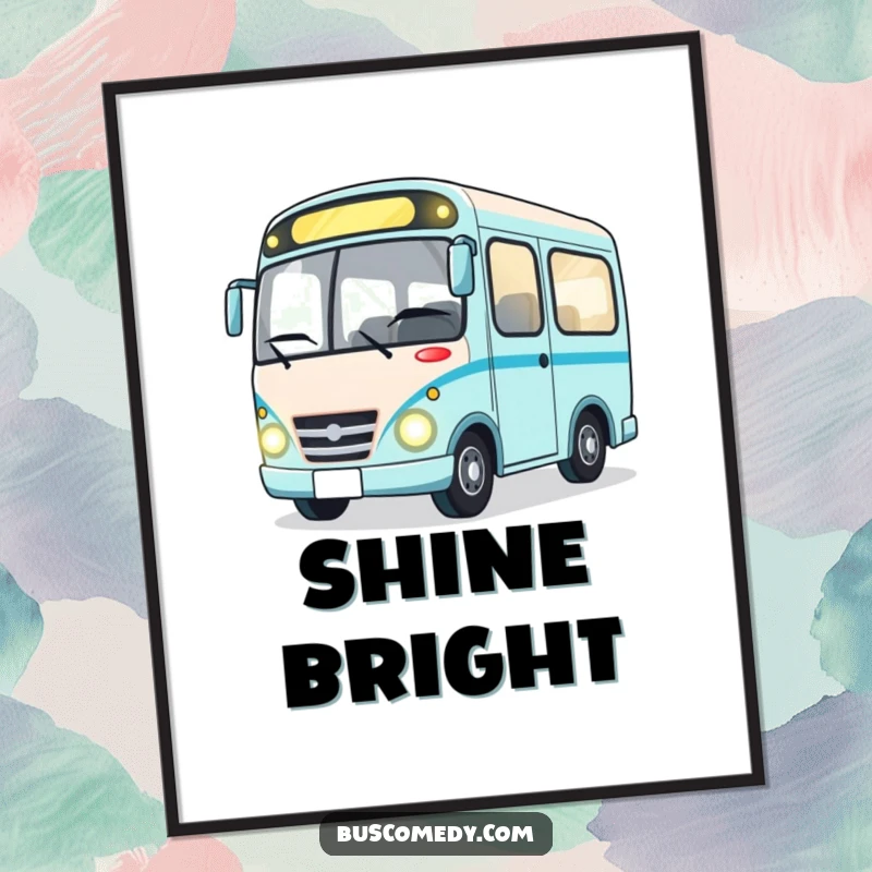 Funny charming poster of a happy bus character winking with bright headlights, adding a cheerful and friendly atmosphere.