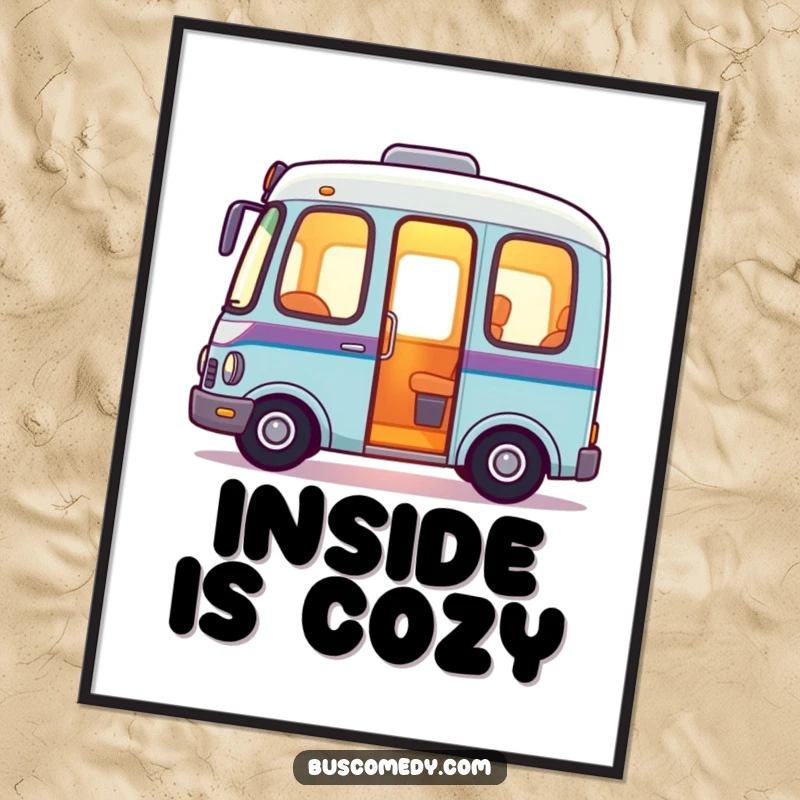 Friendly bus poster art, a bus character with a warm, inviting glow emanating from its interior, creating a cozy scene.