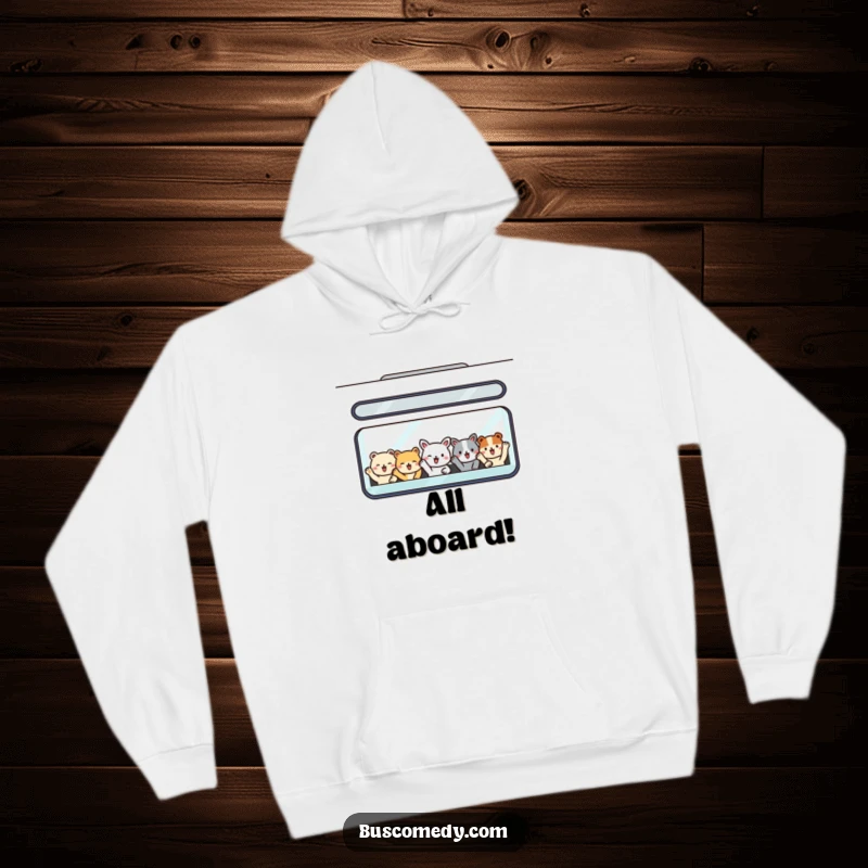 Funny cozy hoodie with smiling animal passengers waving from a bus window, offering warmth and cheerful style.