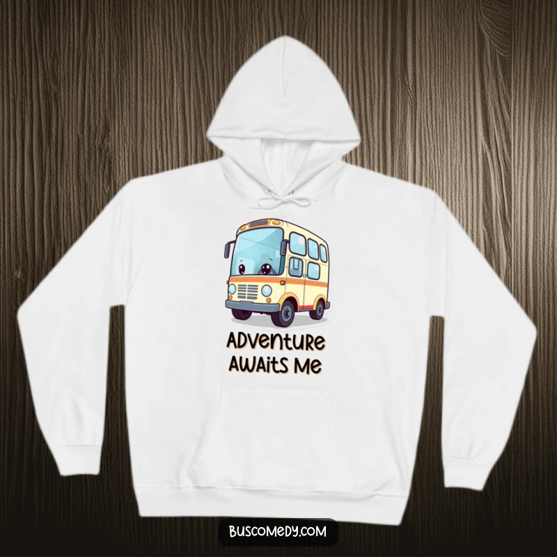 Funny hoodie with a cute, cartoon bus character with wheels spinning enthusiastically, symbolizing adventure. This warm apparel is great for travelers.