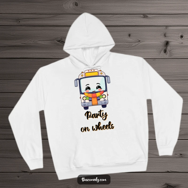 Funny Cheerful Bus Hoodie, a cozy sweatshirt featuring a celebratory bus with a colorful banner. A warm funny gift.