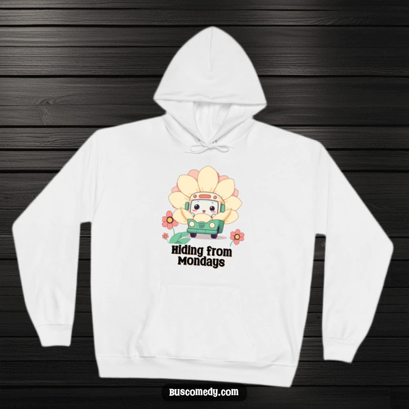 Funny Kawaii Bus Flower Hoodie featuring a cute bus character curiously peeking out from behind a giant flower, soft and comforting.