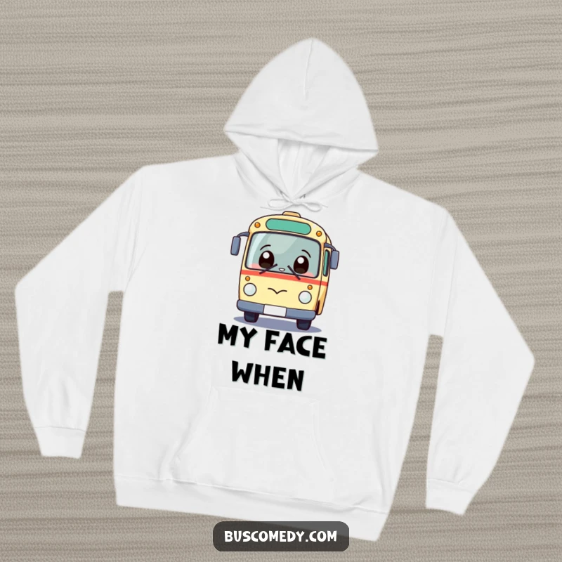 Funny Kawaii Bus Hoodie showing a cute, giggling bus character with a hilariously surprised expression, perfect for comfy laughs.