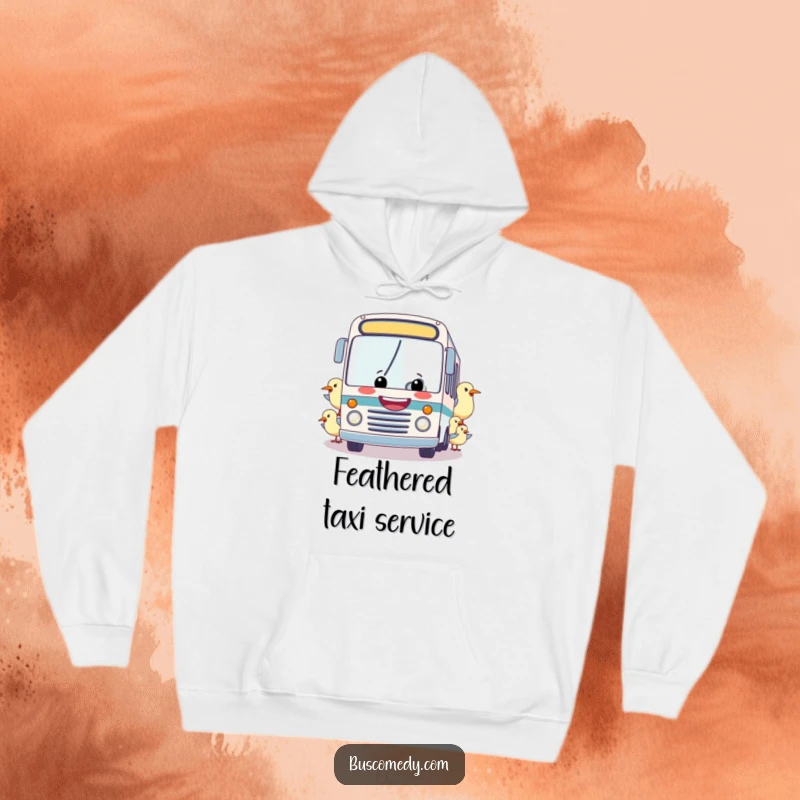 Funny hoodie: A smiling bus is comically towed by a group of cheerful birds, illustrating a whimsical and funny transportation scenario.