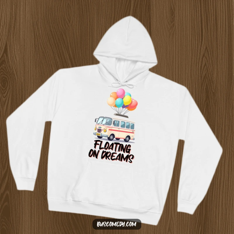 Funny Kawaii Bus Balloon Hoodie featuring a cute bus character balancing a tall stack of colorful balloons on its roof, cozy and cheerful.