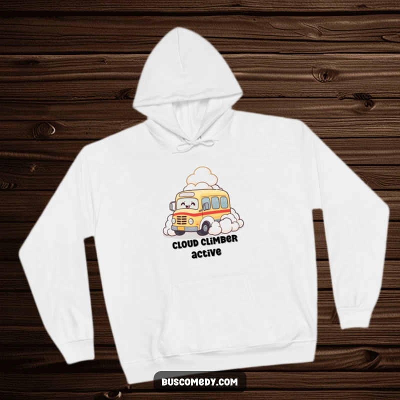 Funny hoodie showing a happy bus character sinking into a big pile of fluffy clouds, giggling heartily.