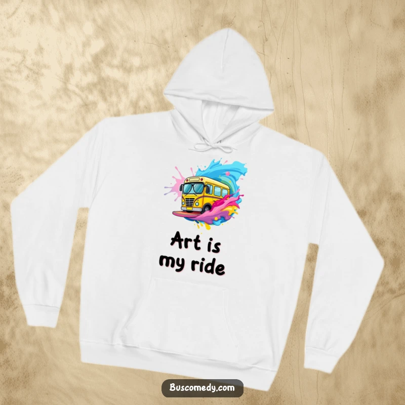 Funny bus character wearing stylish tiny sunglasses surfs a massive wave of bright, colorful paint on this hoodie.
