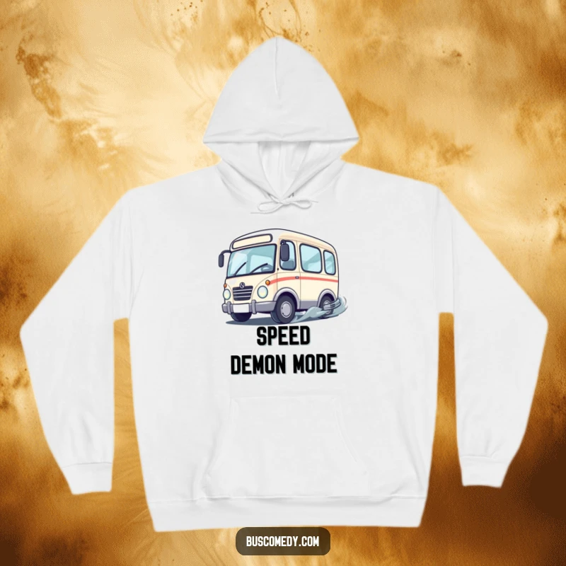 Funny cute bus character with wheels spinning rapidly as it performs a playful drift, printed on a soft and warm hoodie.