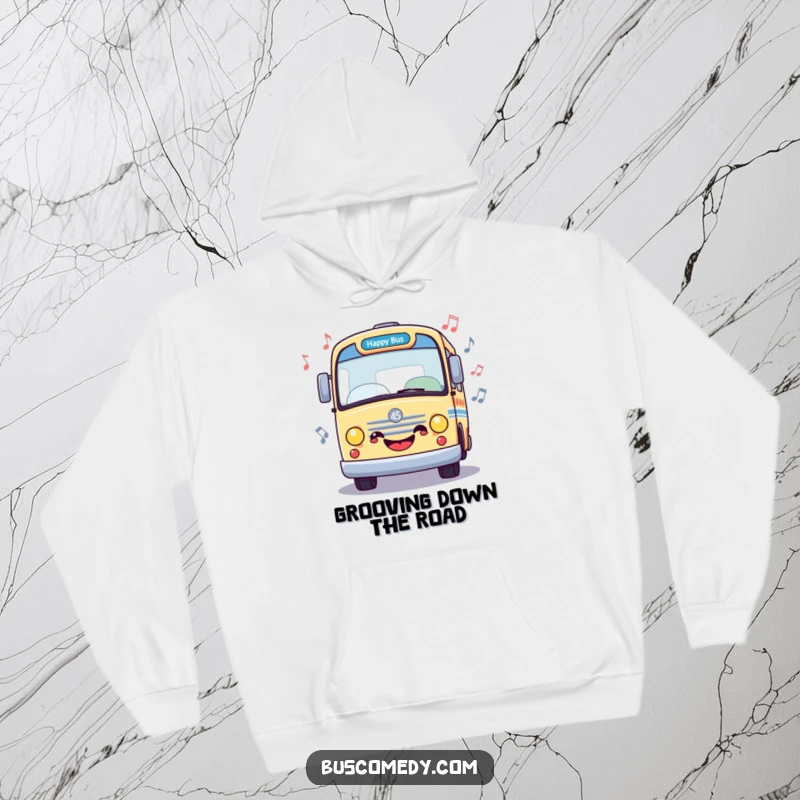 Funny hoodie showcasing a happy bus adorned with musical notes, perfect for music lovers seeking comfort and joy, a great funny gift.