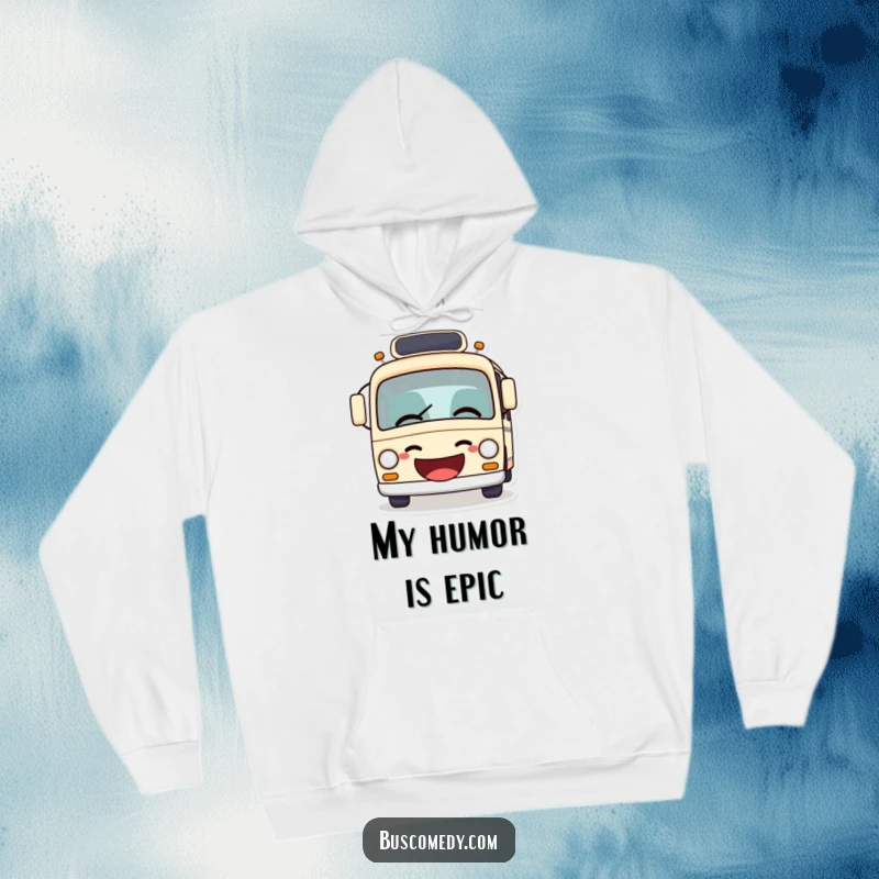 Funny bus hoodie featuring a bus mid-giggle, mouth agape in laughter, humorously telling a joke, cozy and warm.