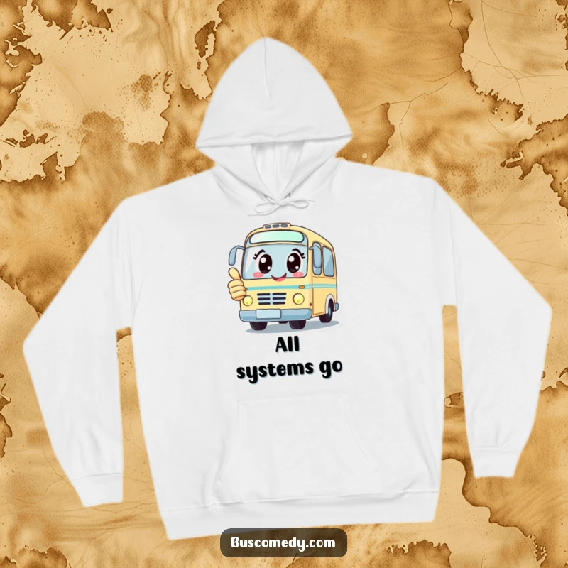 Funny cozy hoodie featuring a kawaii bus character with big happy eyes giving a thumbs up.
