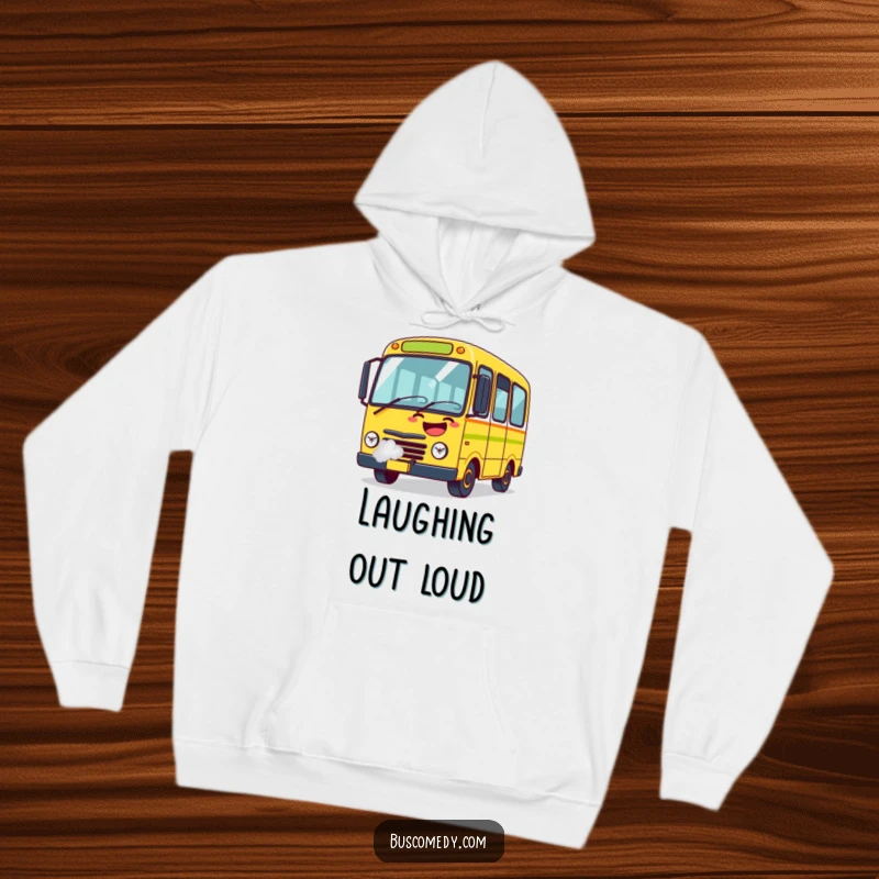 Funny Hoodie featuring a bus character hilariously laughing, with steam comically puffing from its exhaust pipe.
