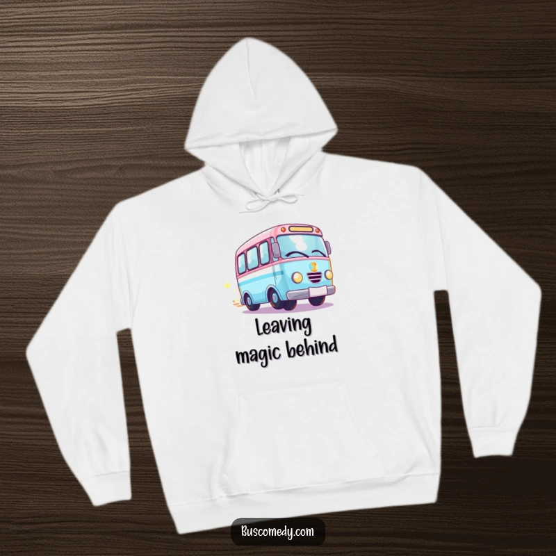 Funny Kawaii bus hoodie, a bus with spinning wheels creating a magical sparkle trail, perfect for comfort.