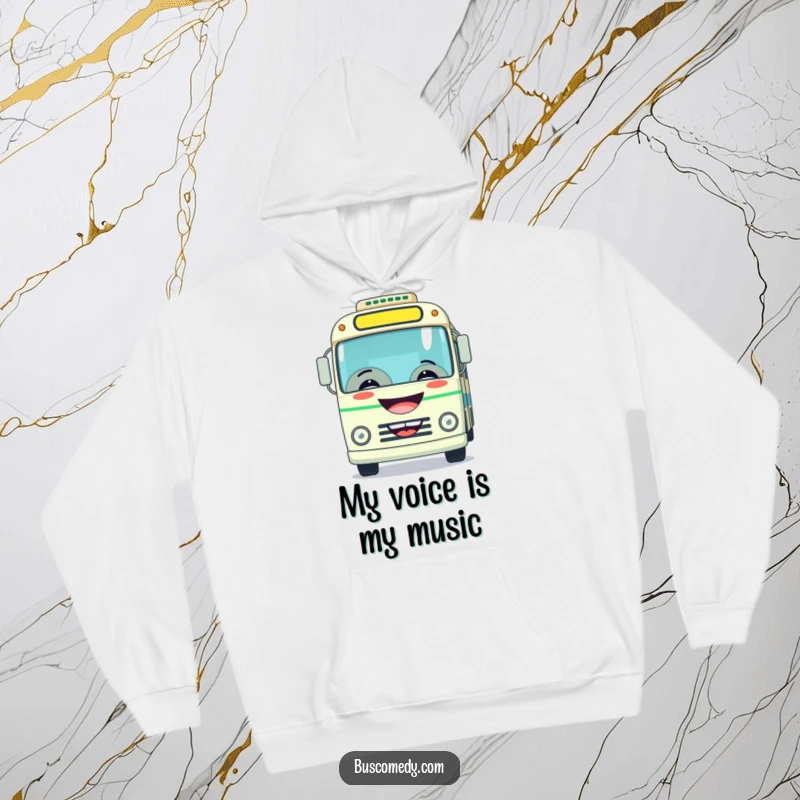 Funny hoodie featuring a happy bus with a big grin, playfully honking its horn, perfect for cozy days.