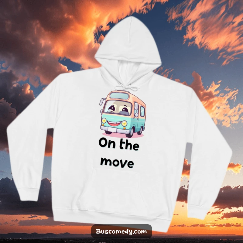 Funny round bus hoodie featuring a giant grin and a winking headlight, symbolizing cheerful travel and playful automotive spirit.