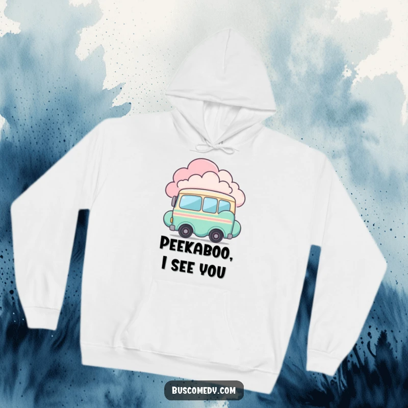 Funny hoodie with a shy bus character peeking out from behind a fluffy, colorful cloud. This apparel is soft and subtly humorous.