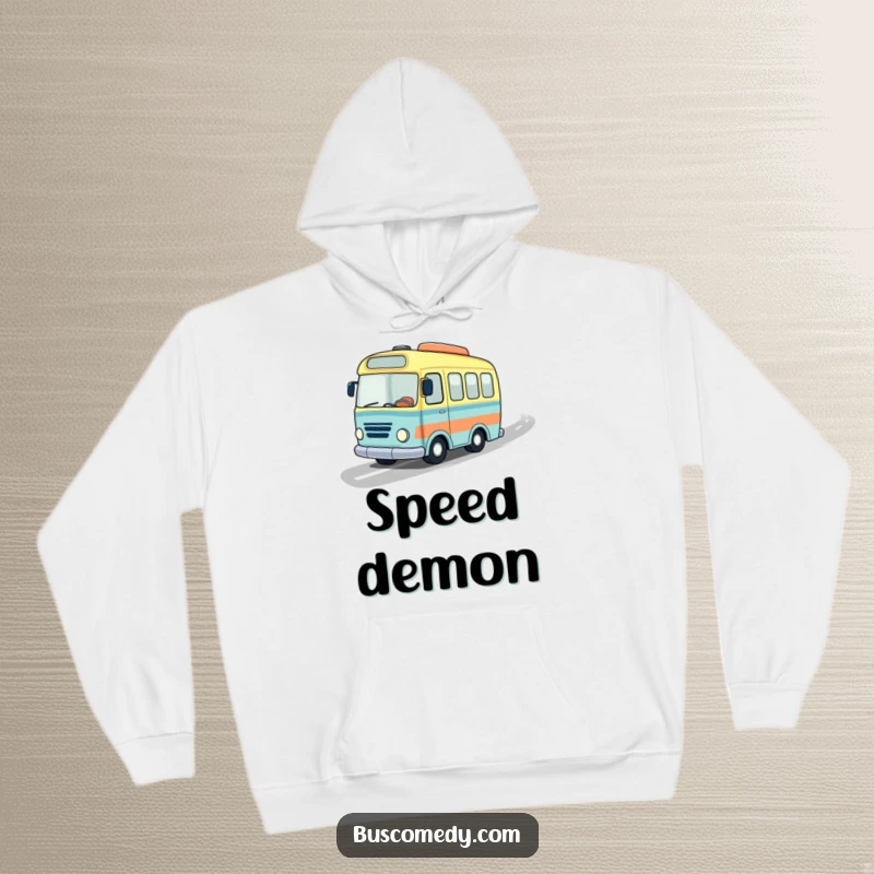 Funny hoodie showcasing a little bus with a jaunty hat, speeding energetically along a wavy road, embodying a spirit of fun travel.