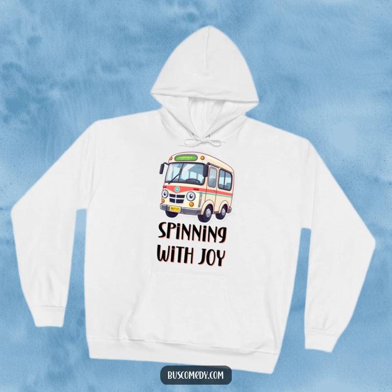 Funny Hoodie featuring a bus character that appears slightly dizzy, its wheels spinning rapidly in a comical blur.