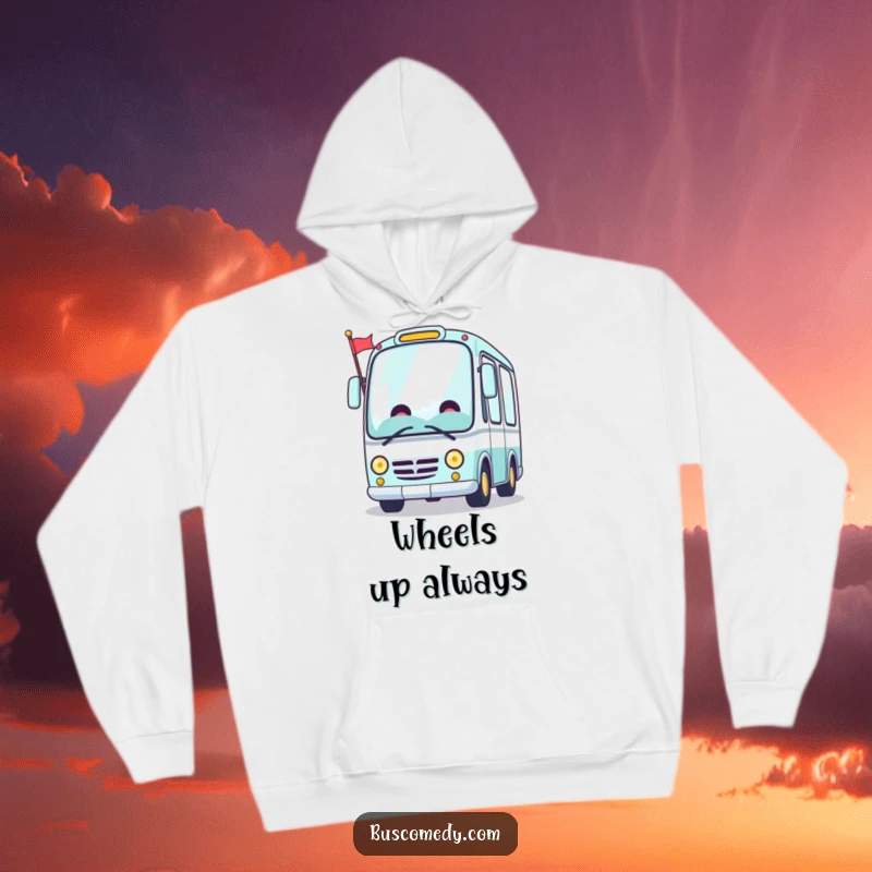 Funny Kawaii bus hoodie, a grinning bus character waving a tiny flag, ideal for comfort.