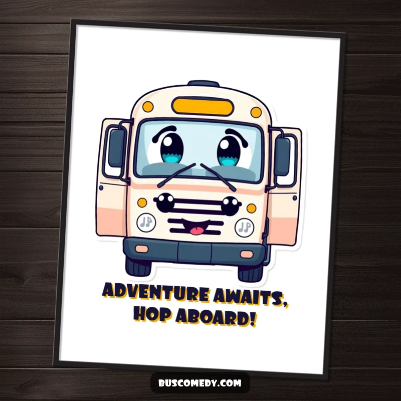 Funny free printable wall art of a small, cheerful bus character with big, curious eyes, its doors open wide as if inviting everyone.